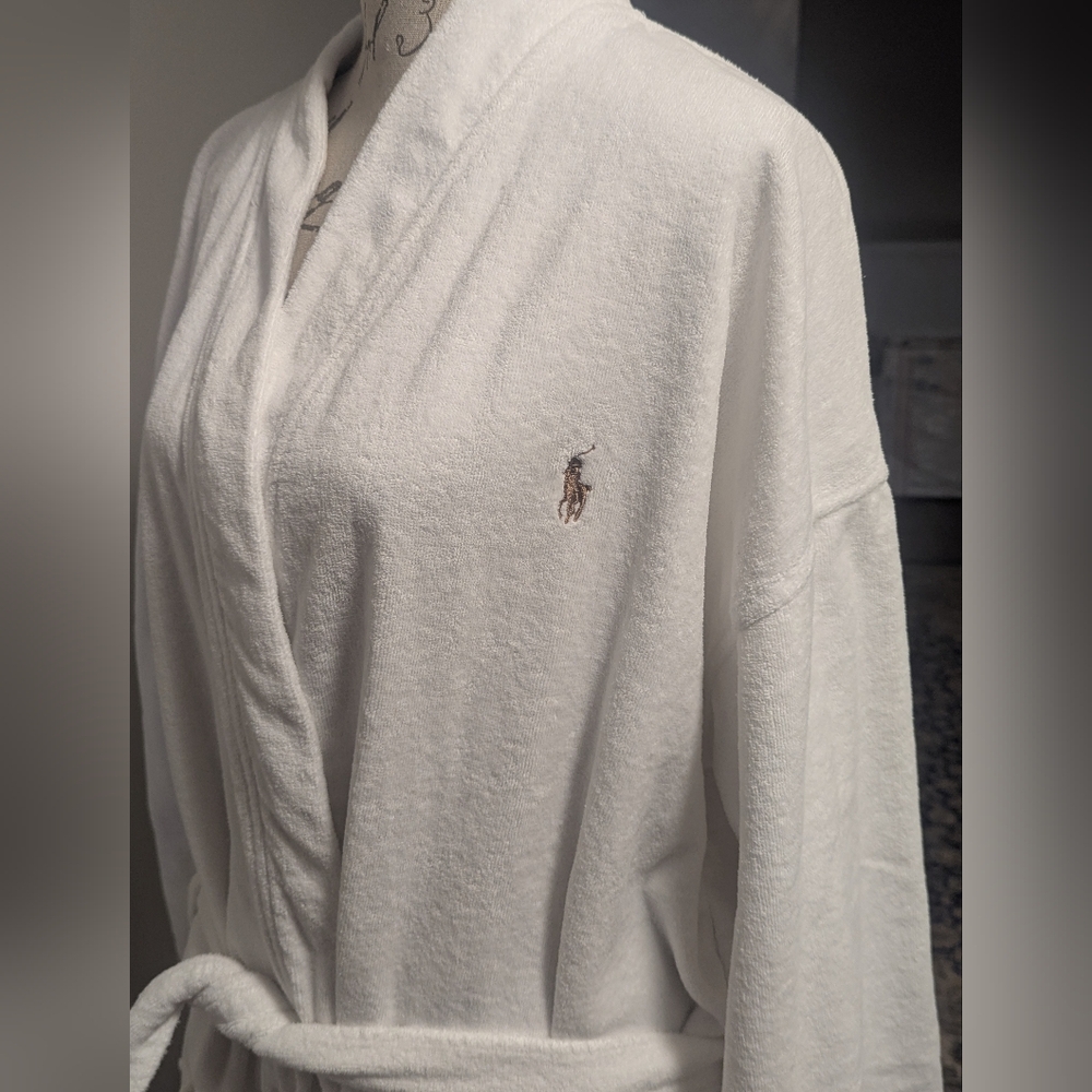Mens Polo Ralph Lauren Bath Robe Size L/XL White Terry Cloth Pony Horse - Picture 6 of 14